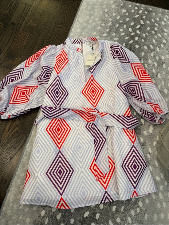 Avara Dresses & Skirts - Avara Multicolor Geometric Mini Dress with Self Tie Belt